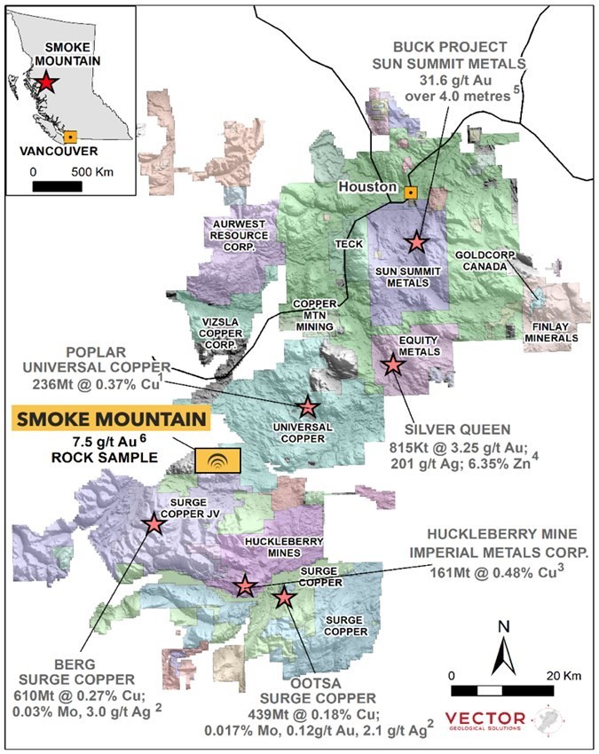 Figure 1. The location of the Smoke Mountain property in the Central BC porphyry-epithermal belt. Note, the mines, deposits, and prospects in this part of BC provide geologic context for the Smoke Mountain property, but these are not necessarily an indication that the Property hosts similar grades or tonnages of mineralization. (CNW Group/GoldHaven Resources Corp.)