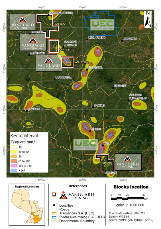 Figure 3: Project map of the Yuty Prometeo Concessions showing regional road access, Vanguard’s San Jose and Prometeo concession boundaries, and the adjacent Uranium Energy Corp. (UEC) Yuty Project.