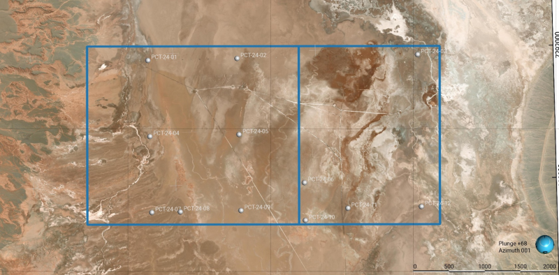 Figure 1: Shows the approved drill locations (PCT 24-1 to 12) of which 6-8 will be converted to production wells to pump brine to the proposed 20,000 tonne Ekosolve™ plant.