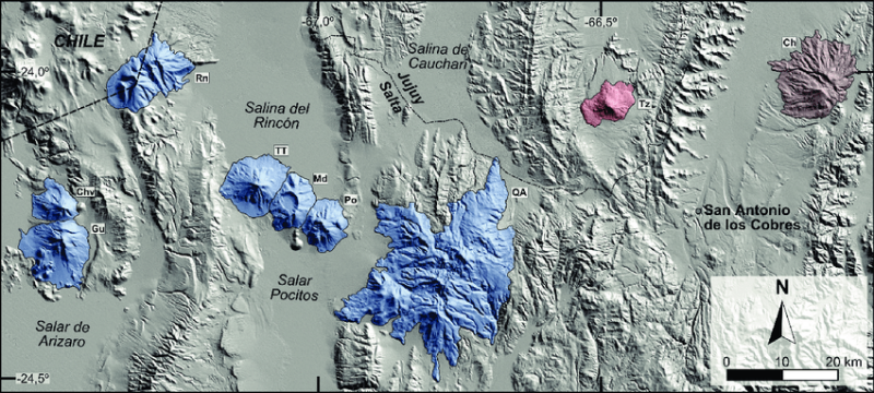 Figure 2: Graphic showing Pocitos salar, proximity to Rincon, Arizaro, Cauchari salars and extinct volcanoes contributing lithium in blue. Orange area is Pocitos 1 and 2 claims.