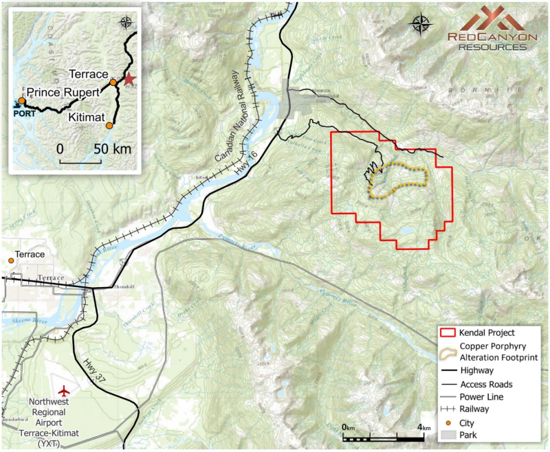 Figure 1: &nbsp;Kendal project location and infrastructure map with Red Canyon claims.