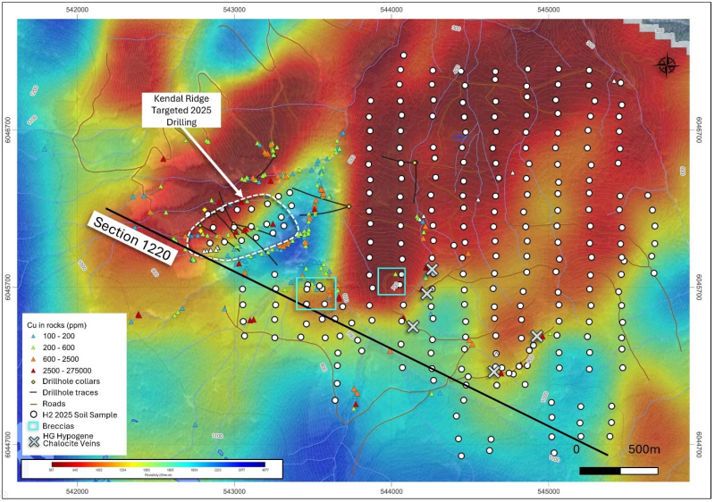 Figure 7: &nbsp;2025 Expanded soil sample locations underlain by Mobile MT resistivity raster at 300 masl.