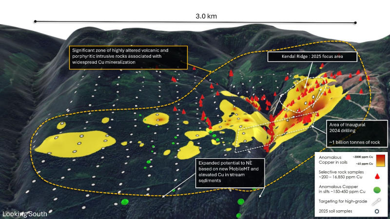 Figure 2: &nbsp;Kendal Project topographic orthophoto looking south, with outline of interpreted alteration and anomalous geochemical footprint (yellow line).