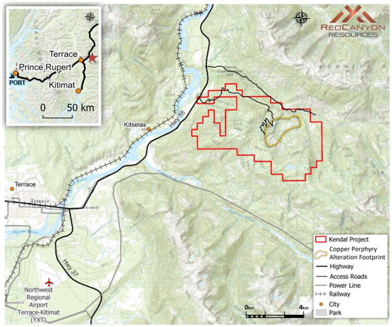 Figure 1: &nbsp;Kendal project location and infrastructure map with Red Canyon claims.
