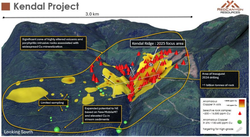 Figure 2: &nbsp;Kendal Project topographic orthophoto looking south, with outline of interpreted alteration and anomalous geochemical footprint (yellow line).