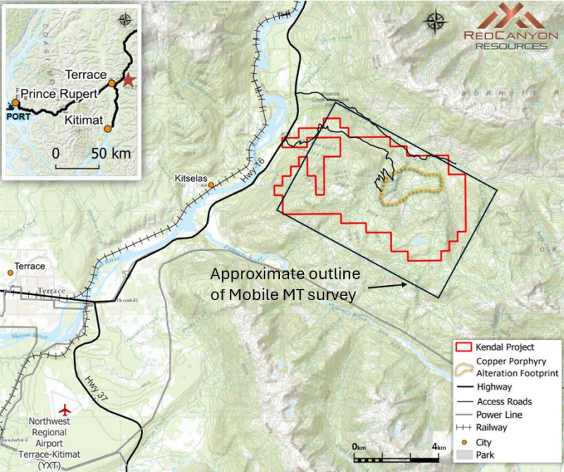 Figure 1: &nbsp;Kendal project location map with Red Canyon claims and approximate outline of Mobile MT survey.