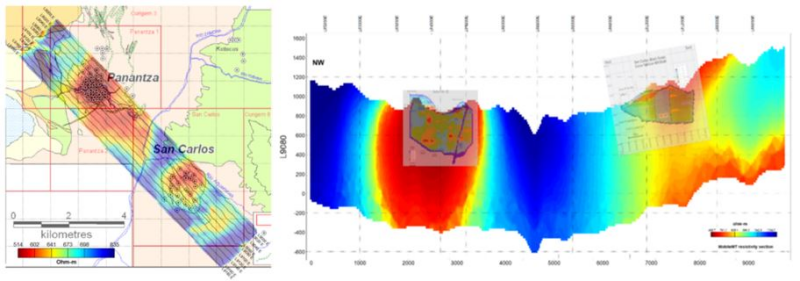 Figure 8: &nbsp;Mobile MT signature over Panantza and San Carlos copper porphyry deposits in Ecuador3. Both deposits are associated with an elevated conductive signature.