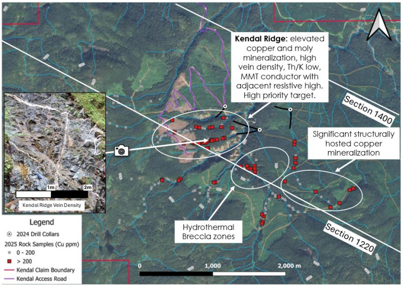 Figure 5: &nbsp;Kendal 2025 rock sample locations with highlighted Kendal Ridge area and additional priority target areas.