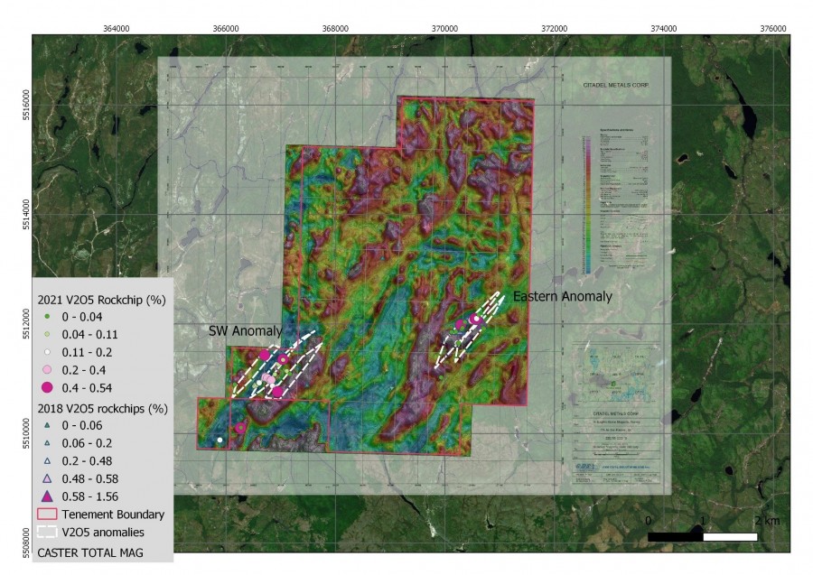 Figure 1: Rockchip sampling location, V2O5 geochemistry and interpreted mineralised lenses over aeromagnetic survey (total magnetic intensity). Two mineralised zones identified to date identified as SW Anomaly and Eastern Anomaly. (CNW Group/Archer Exploration Corp)