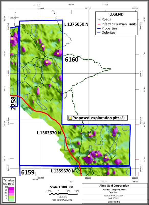 Figure 4: Termite mound sampling results and proposed test pits on Exploration Permit 6160