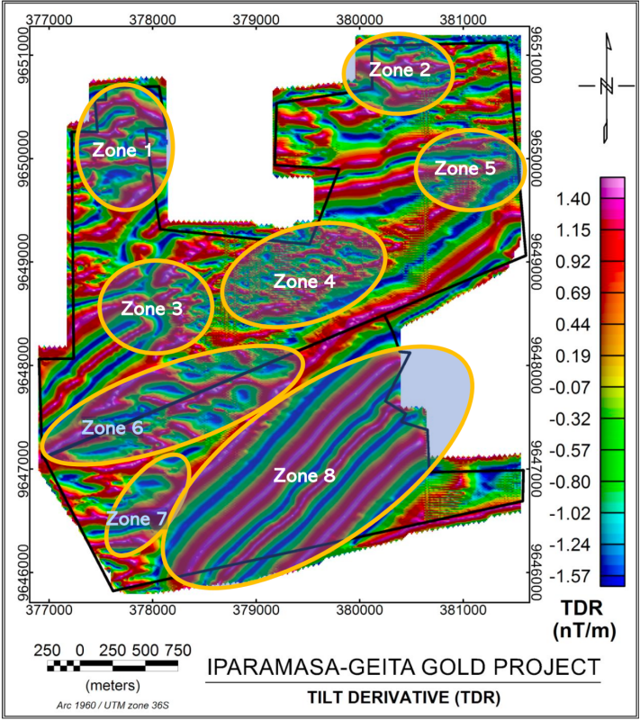 Figure 1: Prospective mineralized zones of the Katoro Gold Property generated from the integrated interpretation of the results from the magnetic dataset and known mineralized shear zones in adjacent areas at Buckreef Gold Mine, Nyamalimbe and Iparamasa small-scale deposits.