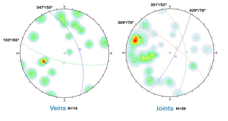 Figure 1: Golden Stranger 2025 structural data of veins and joints measured in 2025 showing the main structural trends.