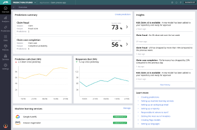 The screenshot shows how Pega Process AI – a new feature in Pega Infinity 8.6 - provides a complete hub for AI model development, deployment, management, and monitoring.