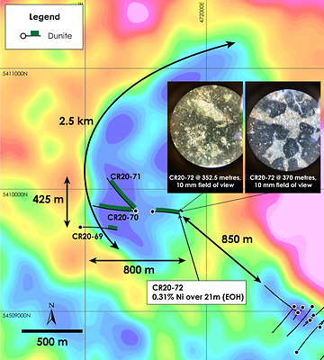 Figure 1 – West Zone Discovery Holes CR20-69 through CR20-72 over top of gravity gradient 
(Crawford Township airborne gravimetric survey completed in 2018) (CNW Group/Canada Nickel Company Inc.)