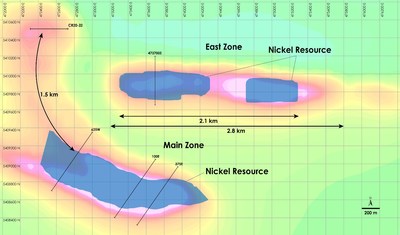 Figure 1 - Plan view of Main Zone & East Zone Nickel Resources, Crawford Nickel-Cobalt Sulphide Project, Ontario (CNW Group/Canada Nickel Company Inc.)