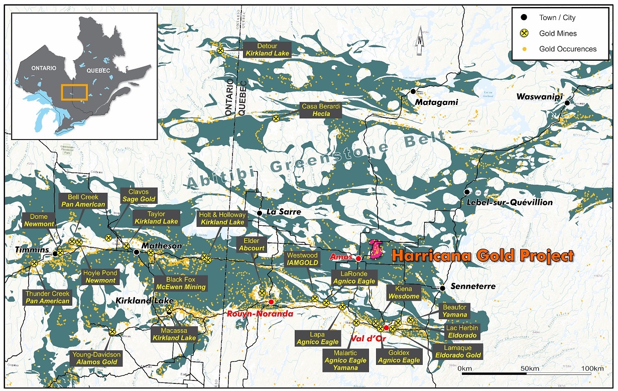 Figure 1 - The Harricana Project benefits from an exceptional location, close to operating mines, in the Abitibi Greenstone Belt