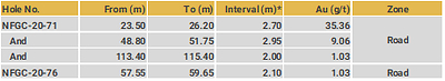 Drillhole Details - Road (CNW Group/New Found Gold Corp.)