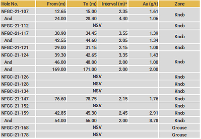 Drillhole Details - Knob (CNW Group/New Found Gold Corp.)