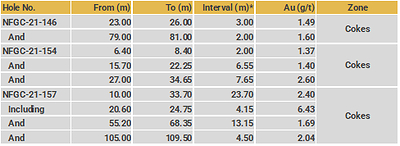 Drillhole Details - Cokes (CNW Group/New Found Gold Corp.)