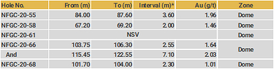 Drillhole Details - Dome (CNW Group/New Found Gold Corp.)