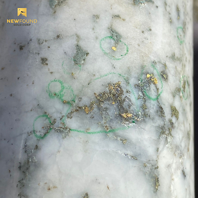 Figure 2. Example gold mineralization in Keats hole NFGC-20-28
(note this is not intended to be representative of the gold mineralization in this hole) (CNW Group/New Found Gold Corp.)