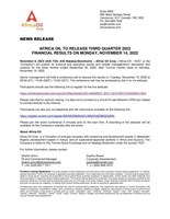 AFRICA OIL TO RELEASE THIRD QUARTER 2022 FINANCIAL RESULTS ON MONDAY, NOVEMBER 14, 2022 (CNW Group/Africa Oil Corp.)