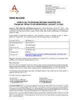 AFRICA OIL TO RELEASE SECOND QUARTER 2022 FINANCIAL RESULTS ON WEDNESDAY, AUGUST 10, 2022 (CNW Group/Africa Oil Corp.)