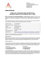 AFRICA OIL TO RELEASE FIRST QUARTER 2022 FINANCIAL RESULTS ON THURSDAY, MAY 12, 2022 (CNW Group/Africa Oil Corp.)