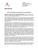 Africa Oil Announces the Receipt of Prime Dividend (CNW Group/Africa Oil Corp.)