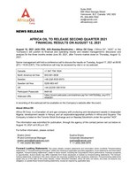 Africa Oil to Release Second Quarter 2021 Financial Results on August 12, 2021 (CNW Group/Africa Oil Corp.)
