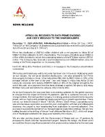 Africa Oil Receives Its Sixth Prime Dividend and CEO's Message to the Shareholders (CNW Group/Africa Oil Corp.)