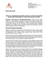 AFRICA OIL ANNOUNCES THE ENTRY OF SHELL OIL INTO TWO EXISTING BLOCKS AND THE SIGNING OF ANEW BLOCK IN SOUTH AFRICA (CNW Group/Africa Oil Corp.)