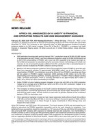 Africa Oil Announces Q4'19 and FY'19 Financial and Operating Results and 2020 Management Guidance (CNW Group/Africa Oil Corp.)