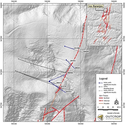 Map 1. Naranjos target area with drill hole traces. (CNW Group/Outcrop Silver & Gold Corporation)