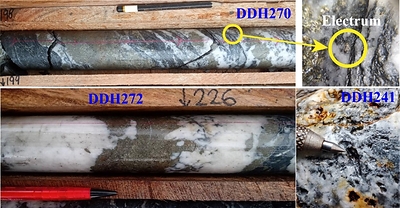 Figure 2. Drill core pictures showing common styles of mineralization within the Naranjos vein. Hole DH270 shows plus millimetre-scale electrum, and hole DH241 shows fine wire silver. (CNW Group/Outcrop Silver & Gold Corporation)