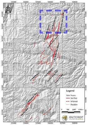 Map 2. Location of Naranjos target area 350 m west of the main Santa Ana vein system. At least three vein systems are projected to continue to the north, with additional high-grade shoots likely. (CNW Group/Outcrop Silver & Gold Corporation)