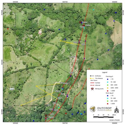 Figure 3. Close up map of El Dorado area showing drill-holes in this release in yellow, other completed holes in black and vein traces in red. El Dorado shoot is to south and new La Abeja shoot is to the north. (CNW Group/Outcrop Silver & Gold Corporation)