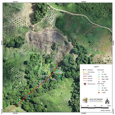 Figure 4. Close up map of Isabela area showing drill-holes in this release in yellow, other completed holes in black (pending assays) and vein traces in red. (CNW Group/Outcrop Silver & Gold Corporation)