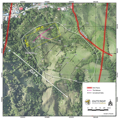 Figure 2. Close up of the Megapozo shoot area showing drill hole locations (recent definition holes in magenta) and highlighting the 100 by 200 metres area of shoot expansion to the west northwest.  White dashed polygon represents the approximate limit of the shoot to date. Megapozo extends for 480 metres along a west-northwest plunge within the plane of the southwest dipping Paraiso vein and is 330 metres wide. (CNW Group/Outcrop Silver & Gold Corporation)