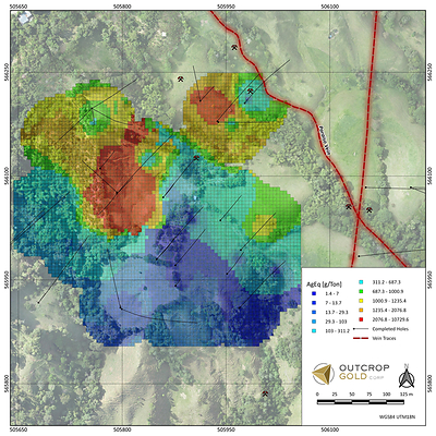 Figure 4. Preliminary equivalent silver grade block model of Megapozo. Megapozo plunges west-northwest within the dip of the Paraiso vein. Megapozo is 330 m wide by 480 m long.  The recent holes are shown farthest northwest. (CNW Group/Outcrop Silver & Gold Corporation)