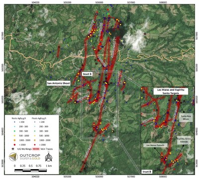 Map 2: Maras target 200 metres west of Espiritu Santo with high values in vein float extending over a distance of over 200 metres. Two converging veins are inferred by Maras and Espiritu Santo workings and anomalies. (CNW Group/Outcrop Silver & Gold Corporation)
