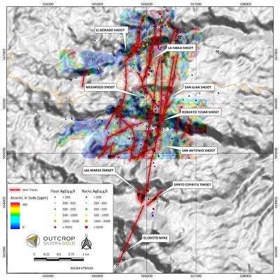 Map 3: Six shoots discovered to date and seven newly mapped and sampled veins are shown extending up to 1,000 metres north from El Dorado and La Ivana shoots. The Maras and Espiritu Santo targets and related veins extend from San Antonio shoot two kilometres south to the El Christo Mine area. Veins in this area have a surface footprint of 6 kilometres by 2 kilometres. (CNW Group/Outcrop Silver & Gold Corporation)