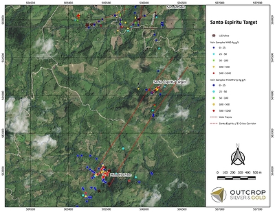 Map 1. Espiritu Santo and Mina El Christo define an extension of the Santa Ana vein system 2.4 kilometres from San Antonio, Outcrop’s southernmost discovery to date. (CNW Group/Outcrop Silver & Gold Corporation)