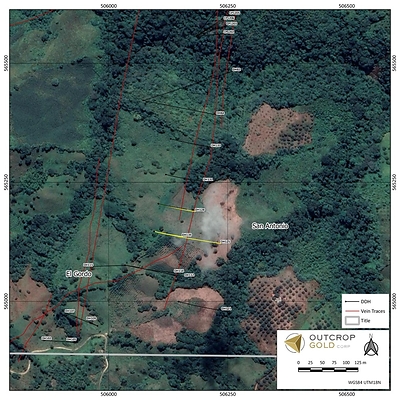 Map 1: Location of three San Antonio discovery holes (high-lighted in yellow) within the southern continuation of the Santa Ana Vein System. (CNW Group/Outcrop Gold Corp.)