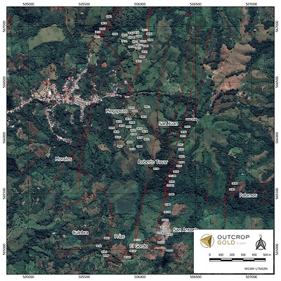 Map 3: Location map holes drilled to date with mapped and projected vein systems. (CNW Group/Outcrop Gold Corp.)