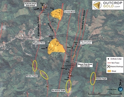 Map 2: Locations from north to south of discovered shoots  El Dorado, La Ivana, Megapozo, San Juan, Roberto Tovar and the new San Antonio discovery. San Juan, Roberto Tovar and San Antonio reflect a periodicty of three shoots within 1,250 metres along the Santa Ana Vein System. (CNW Group/Outcrop Gold Corp.)
