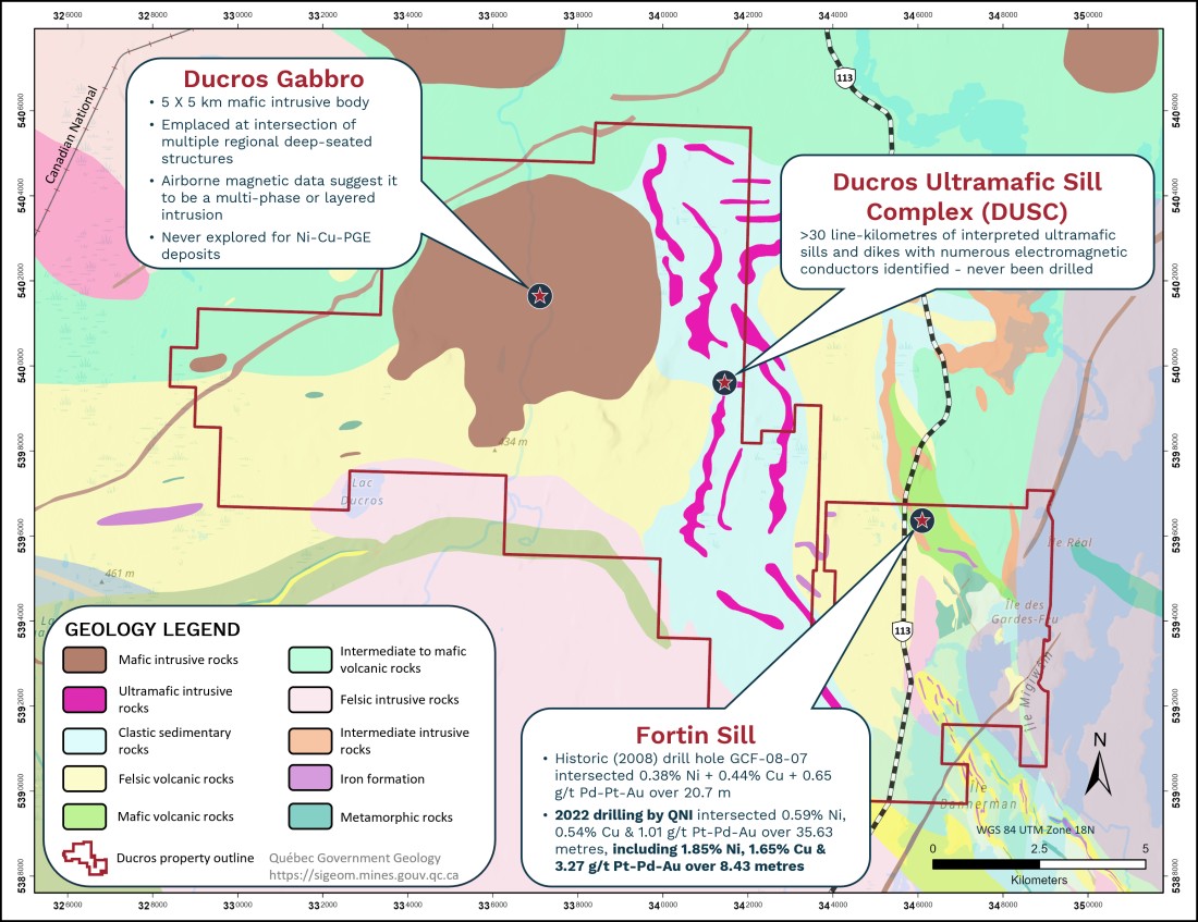 Figure 1. Geology plan map of Québec Nickel’s Ducros property (dark red outline) along with the locations of the primary Ni-Cu-PGE exploration target areas. The regional geology is sourced from the Government of Québec’s online SIGÉOM database. (Graphic: Business Wire)