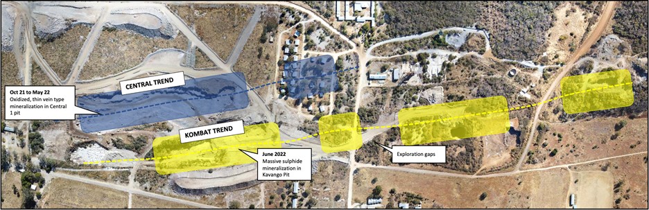 Map of Mineralization at Kombat Mine: The chart shows the planned pits. The numbers represent the order in which pits were to be mined under the original mine plan. Pits 5 and 6 had not yet been discovered when the original mine plan was prepared. The colours highlight the known mineralization trends. Blue refers to the central trend. Yellow depicts the Kombat Trend. (Photo: Business Wire)