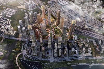2150 Lake Shore Boulevard West – Aerial rendering of the completed project, facing north. Source: Allies and Morrison. 
Note: Rendering is for illustrative purposes. Elements of the completed project may differ. (CNW Group/First Capital Real Estate Investment Trust)