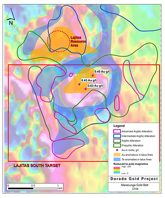 Figure 1. Magnetic, geochemical, mineralization, and alteration results from the Lajitas South target. (CNW Group/Angold Resources Ltd.)